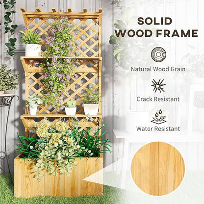 Outsunny Wooden Planter with Trellis, Raised Garden Bed with Hanging Roof, Plant Shelf, Drainage Holes and Bed Liner, for Climbing Plants, Vegetables, Flowers, 30" x 13" x 70", Natural