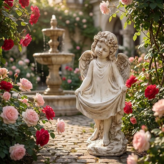 21" Tall Weathered White Angel Cherub Garden Statue, Resin Vintage Dress Sculpture Figurine, All Weather Indoor Outdoor Decor for Yard Lawn Patio Backyard Memorial