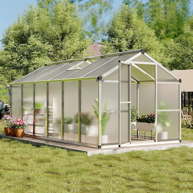 8x10 FT Greenhouse, Greenhouses for Outside, Polycarbonate Greenhouse with Aluminum Frame, Lockable Door and Ajustable Roof Vent for Backyard, Green Houses for Outside Garden Backyard, Patio