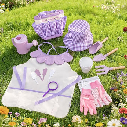 ROBUD Kid Gardening Set, Purple Wooden Garden Tool for Kid, Garden Tool Kit with Tool Storage Bag, Apron, Gloves, Montessori Toys for Kids to be Closed to Nature, WRP52