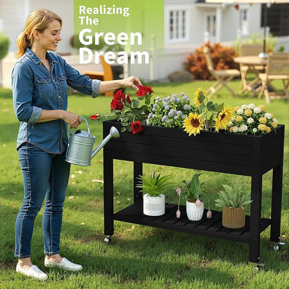 PatioZen Raised Garden Bed, 33.66" Tall Self-Watering Resin Planter Box with Legs & Lockable Wheels Drainage Plug and Gauge for Flowers, Vegetables, Storage Shelf for Tools and Accessories Black