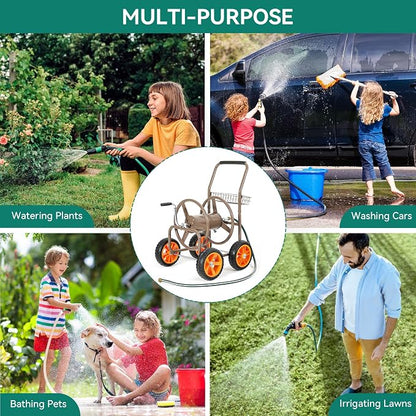 2026 Upgraded Hose Reel Cart with 10" NO-FLAT TIRES, Heavy Duty Industrial Tangle-Free Garden Water Hose Reel with Storage Basket, Holds 250 ft of 5/8" Hose, Heavy-Duty Steel Frame for Lawn Yard