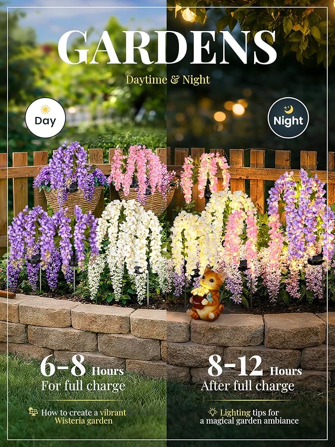 GIGALUMI Solar Lights Outdoor for Garden Decor, 6 Pack Solar Flower Lights Waterproof, 2 Lighting Modes Wisteria for Pathway,Yard, Patio Decoration, Gardening Gifts for Women (Multi-Colored)