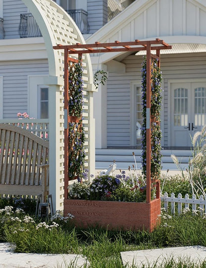 Garvee Raised Garden Bed with Trellis & Hanging Roof, Wood Planter Box with Bottom and Drainage Holes, Freestanding Garden Planter for Flower Vegetable Fruit Herb Climbing Vines, 43“x17“x72“