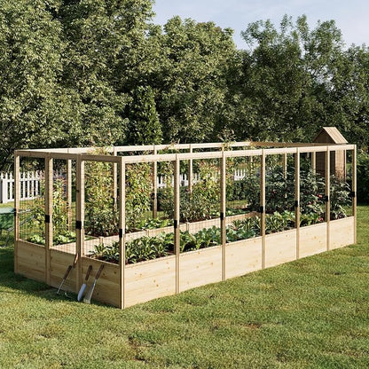 PaPaJet Wooden Raised Garden Bed for Outdoor, Deep Large Planter Box with Netting for Gardening, Vegetables, Flowers, Herbs（7.5× 17.7× 5.9FT）
