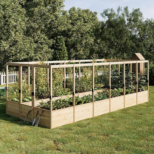 PaPaJet Wooden Raised Garden Bed for Outdoor, Deep Large Planter Box with Netting for Gardening, Vegetables, Flowers, Herbs（7.5× 20.6× 5.9FT）