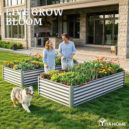YITAHOME 2pcs 8x4x1.5ft Galvanized Raised Garden Bed, Metal Planter Box with Safety Rubber, Gloves, Outdoor Flower Bed for Planting Plants Vegetables, Silver