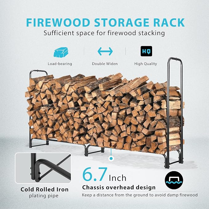 VIVOHOME 8ft Heavy Duty Indoor Outdoor Firewood Storage Log Rack with Cover Combo Set Black