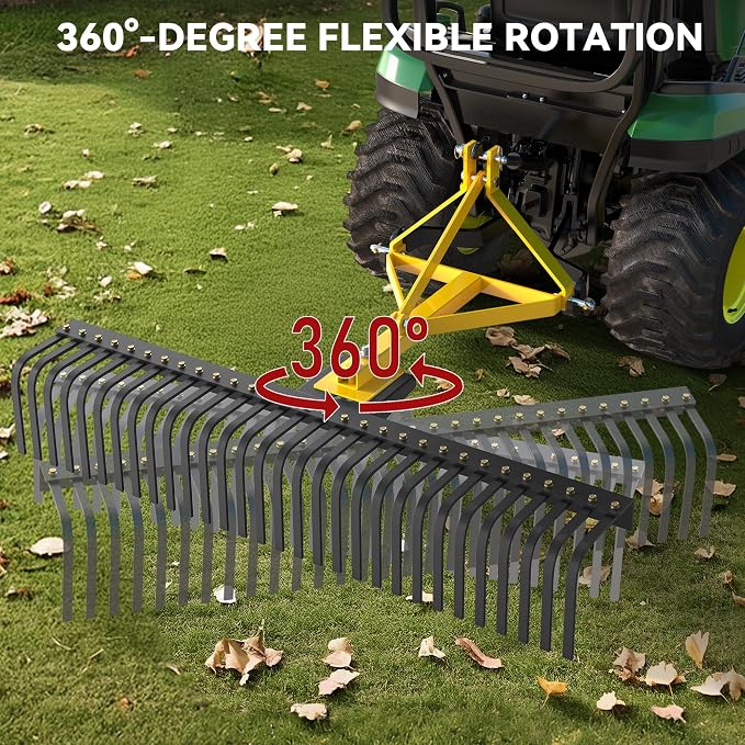 YITAMOTOR 3 Point Landscape Rock Rake for Category 1, 5 FT Attach Tractor Rake with 360 Degree Rotation, Tow-Behind Lawn Garden Tool Attachment for Compact Tractors | 5 FT Attach Tractor Rake with 360 Degree Rotation, Tow-Behind Lawn Garden Tool Attach...