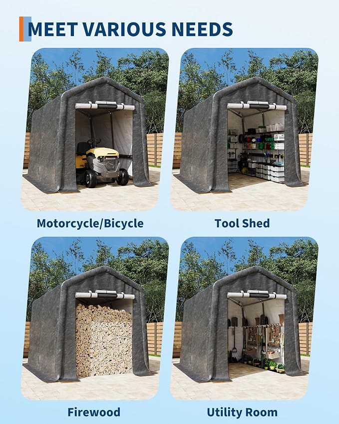 GarveeLife 7x10 ft Outdoor Portable Storage Shed with Roll-Up Door & Vent, 240G Heavy-Duty Shelter Waterproof PE Tarp, UV-Resistant Storage Sheds for Motorcycle, Firewood, Garden and Tools -Gray