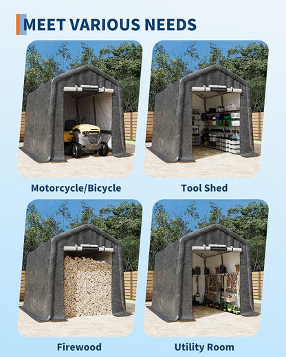 GarveeLife 7x10 ft Outdoor Portable Storage Shed with Roll-Up Door & Vent, 240G Heavy-Duty Shelter Waterproof PE Tarp, UV-Resistant Storage Sheds for Motorcycle, Firewood, Garden and Tools -Gray