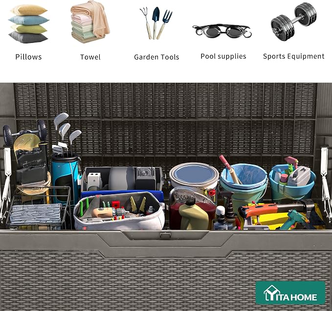 YITAHOME 100 Gallon Resin Deck Box | Weather Resistant Outdoor Storage Box, Lockable Indoor Outdoor Storage for Supplies and Essentials, Taupe