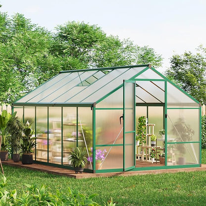 8x12 ft Walk-in Greenhouse, Polycarbonate Panels with Reinforced Aluminum Frame, Large Garden Green House for Planting and Seed Starting, Quick-Assembly Structure with Adjustable Roof Vent