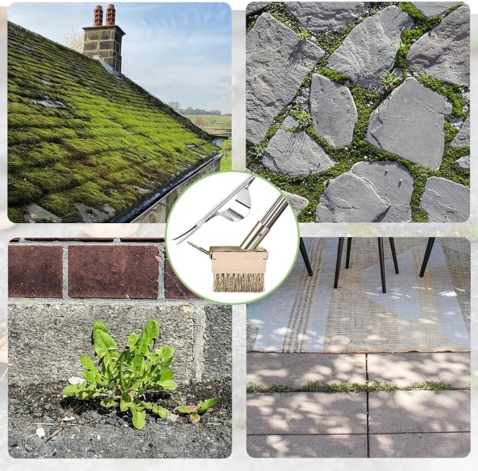 Crack Weeder Tool, Crevice Weeding Moss Brush with 2 Heads&Scraping Hook, A Hand Puller Tool, Moss Remover with Steel Handle for Cleaning Paving Joint Paver Sidewalk Patio Stone Driveway Deck