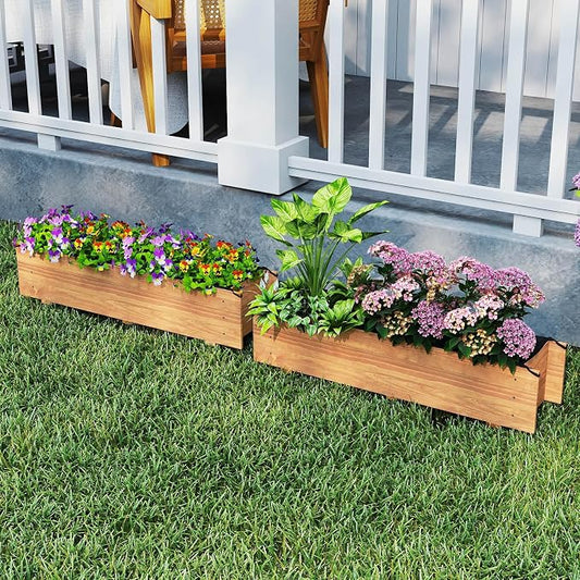 HAPPYGRILL Raised Garden Bed, Wood Flower Planter Box w/4 Drainage Holes, Black Liner for Containing Soil, Indoor Outdoor Wooden Plant Container for Backyard, Patio, Balcony (2,44" x 11" x 10")