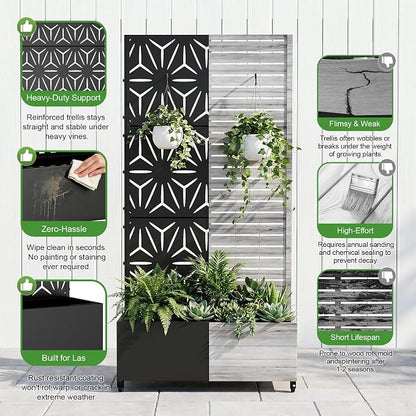 Casaphoria Metal Raised Garden Bed with Trellis and Wheels, 72"x35"x16" Planter Box for Climbing Plants, Vegetables & Vines, Features Drainage Holes and Privacy Screen (Black-Star)