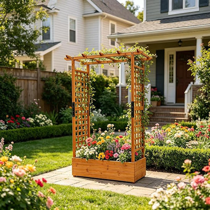 Raised Garden Bed Wooden Patio Planter with Trellis Outdoor Climbing Cucumber Box Pots Tomato Flower Vegetable Herb Porch, Tall Hanging Roof, Orange, 42.51" L x 17.32" W x 67" H