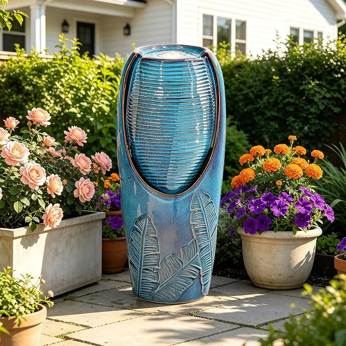 Autodaya 33" H Ceramic Jar Outdoor Water Fountain, Banana Leaf-Texture | Artisan High-Fired Glaze, Warm Ambient LED Lighting, Upgraded Pump, Soothing Cascading Water Feature For Garden Patio Yard