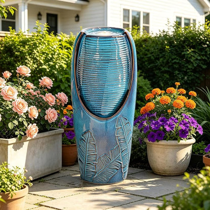 Autodaya 33" H Ceramic Jar Outdoor Water Fountain, Banana Leaf-Texture | Artisan High-Fired Glaze, Warm Ambient LED Lighting, Upgraded Pump, Soothing Cascading Water Feature For Garden Patio Yard