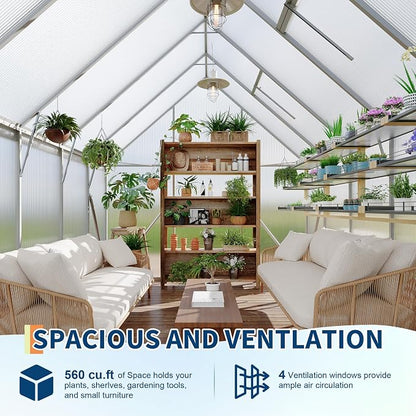 GarveeLife 8X10FT Polycarbonate Greenhouse with Aluminum Frame, Polycarbonate Greenhouse for Outdoors, Greenhouses with Ventilation and Rain Gutter, Aluminum Large Walk-in Greenhouses for Outside