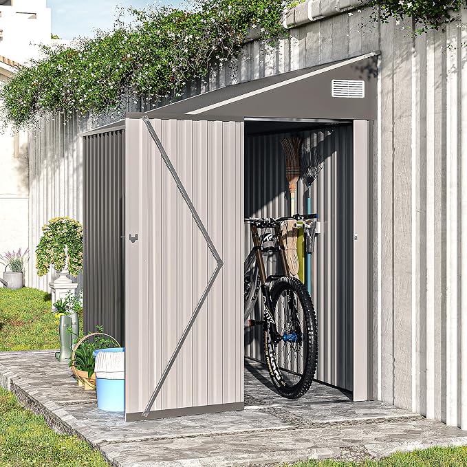 YOPTO 4x8 FT Lean to Shed, Outdoor Metal Storage Sheds with Lockable Door,Garden Tool Shed with Sloping Roof for Backayrd, Patio,Lawn,Gray