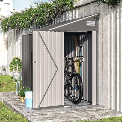 YOPTO 4x8 FT Lean to Shed, Outdoor Metal Storage Sheds with Lockable Door,Garden Tool Shed with Sloping Roof for Backayrd, Patio,Lawn,Gray