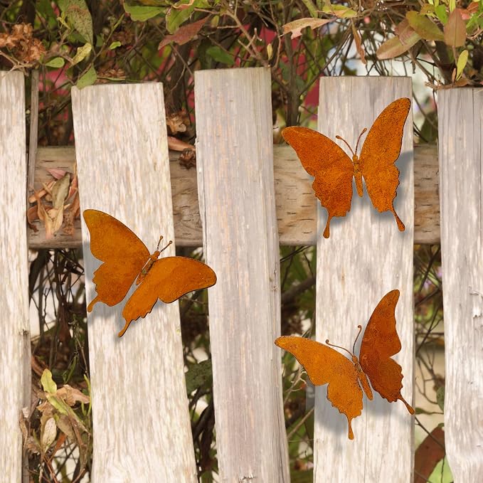 Metal Butterfly Wall Decor Outdoor – Rustic Garden Decor for Fences, Patio & Indoor | Set of 3 Handcrafted Antique Butterfly Outdoor Garden Art
