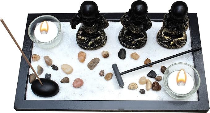 Zen Garden Meditation Garden 3 Buddha See, Speak, Hear No Evil Statues, Incense Holder, Incense, 2 Tea Light Holders, Rocks, Sand, Rake (Candles Not Included)