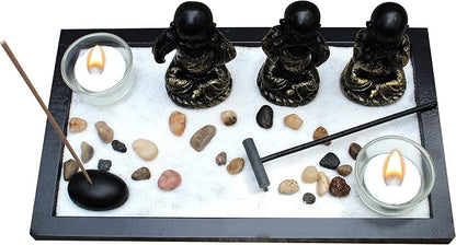 Zen Garden Meditation Garden 3 Buddha See, Speak, Hear No Evil Statues, Incense Holder, Incense, 2 Tea Light Holders, Rocks, Sand, Rake (Candles Not Included)