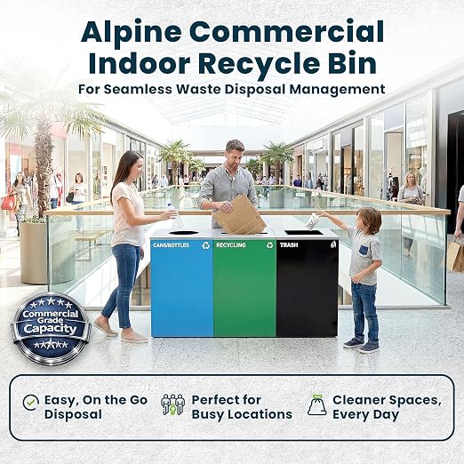 Alpine Commercial Indoor Recycle Bin - 29 Gallon Modern Looking Green Recycle Bin, Office Recycling Bins, Metal Trash and Recycling Container with Stickers & 3 Optional Lids (lid Sold Separately)