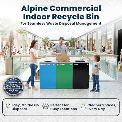 Alpine Commercial Indoor Recycle Bin - 29 Gallon Modern Looking Green Recycle Bin, Office Recycling Bins, Metal Trash and Recycling Container with Stickers & 3 Optional Lids (lid Sold Separately)