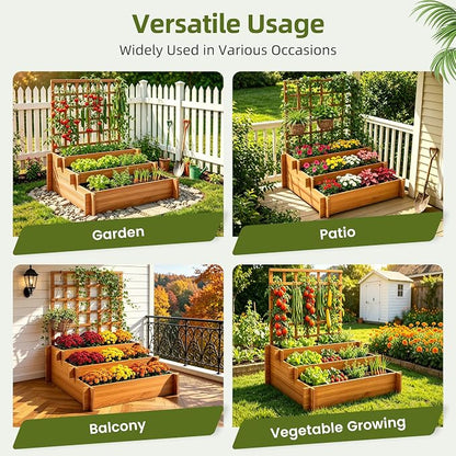 43" 3-Tier Fir Wood Raised Garden Bed Planter with Trellis | Fir wood tiered planter with trellis, liners, and 3 growing beds for flowers, herbs, veggies, vines, patio, or yard