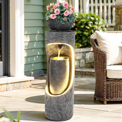 40" Innovative LED Strip Outdoor Water Fountain with Birdfeeder | Unique Dual-Layer Structure Garden Fountain with Soothing Waterfall Foutain for Patio Backyard Garden or Porch Decor