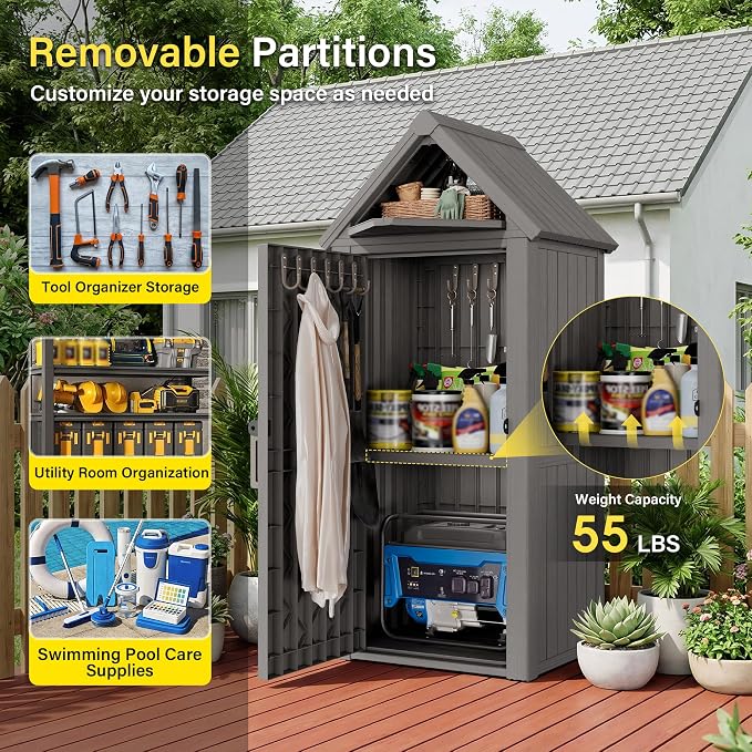 Bifanuo Deck Box Storage Shed Outdoor Storage Cabinet, Vertical Waterproof Resin Material Plastic Shed with Removable Shelves, 12 Hooks and Lock Ring for Garden, Pool and Patio (Classic Grey)