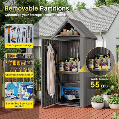 Bifanuo Deck Box Storage Shed Outdoor Storage Cabinet, Vertical Waterproof Resin Material Plastic Shed with Removable Shelves, 12 Hooks and Lock Ring for Garden, Pool and Patio (Classic Grey)