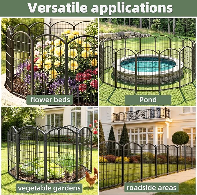 Decorative Garden Fence 48in x17ft, 8 Pack Rustproof Metal No Dig Fence Animal Barrier for Dog, Arched Flower Bed Edging Ornamental Wire Border Panel Fencing (Black, 8 Panels-48in(H))