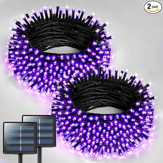 JMEXSUSS 2 Pack Solar Halloween Lights, Total 151FT 400 LED, Purple | Outdoor Waterproof, 8 Modes Solar String Lights for Outside Patio Christmas Tree Garden Yard Halloween Decorations