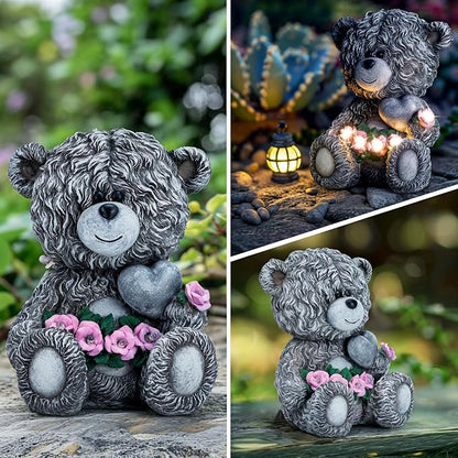 YDKOJGW Solar Garden Outdoor Statues Bear with Heart and Pink Flower and 5 LED Lights-Lawn Decor Bear Statue for Patio, Balcony, Yard Ornament-Unique Housewarming Gifts for Mom, Women