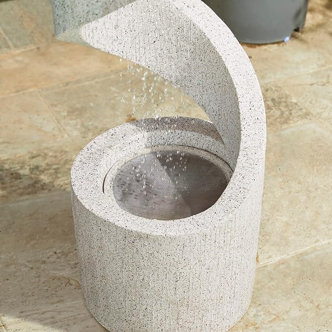 Glitzhome Outdoor Water Fountain with LED Light, Modren Curved Waterfall Fountain with Stone Planter, Faux Terrazzo Spiral Shaped Outdoor Fountains Water Feature for Garden Patio Deck Porch, 40.25”H
