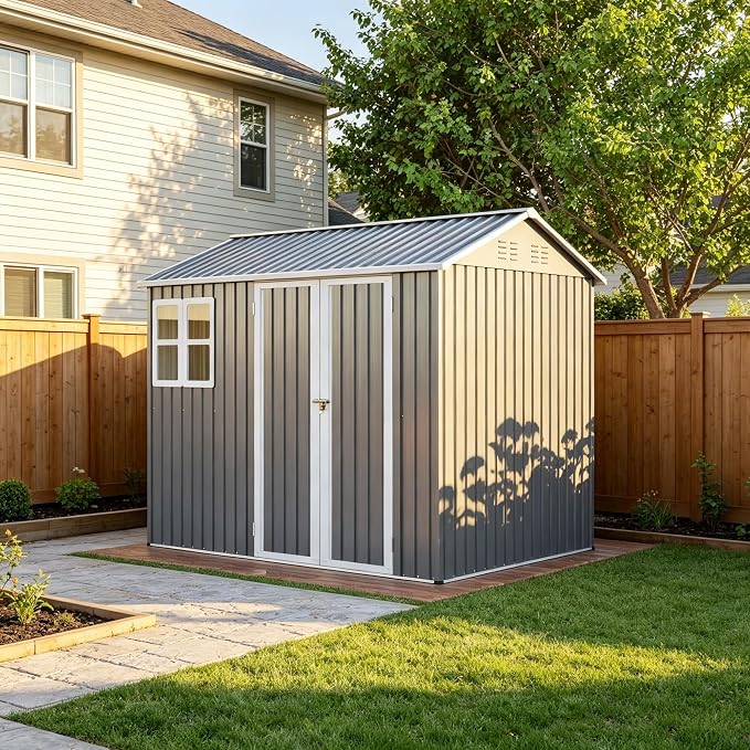 PVWIIK 8x6 FT Outdoor Storage Shed Metal, Heavy Duty Waterproof Steel Garden Tool Shed with Lockable Doors, Utility Storage Building for Backyard Patio Lawn Garden, Grey