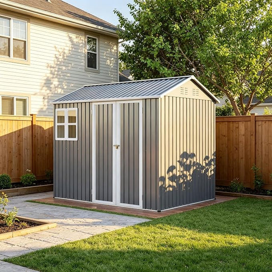 PVWIIK 8x6 FT Outdoor Storage Shed Metal, Heavy Duty Waterproof Steel Garden Tool Shed with Lockable Doors, Utility Storage Building for Backyard Patio Lawn Garden, Grey