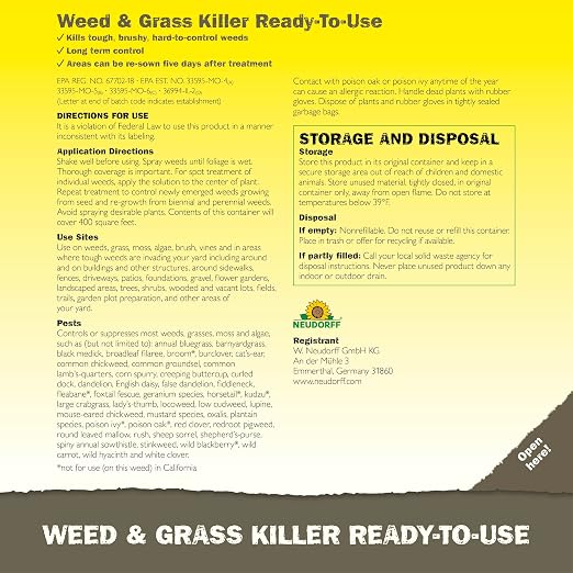 Neudorff Weed and Grass Killer, See Results in 1 Hour: Kills Weeds – Roots and All, Fast Acting Brush and Vine Killer with Non-staining Formula; Rainfast in 3 Hours Ready-to-Use Spray (1 Gallon)