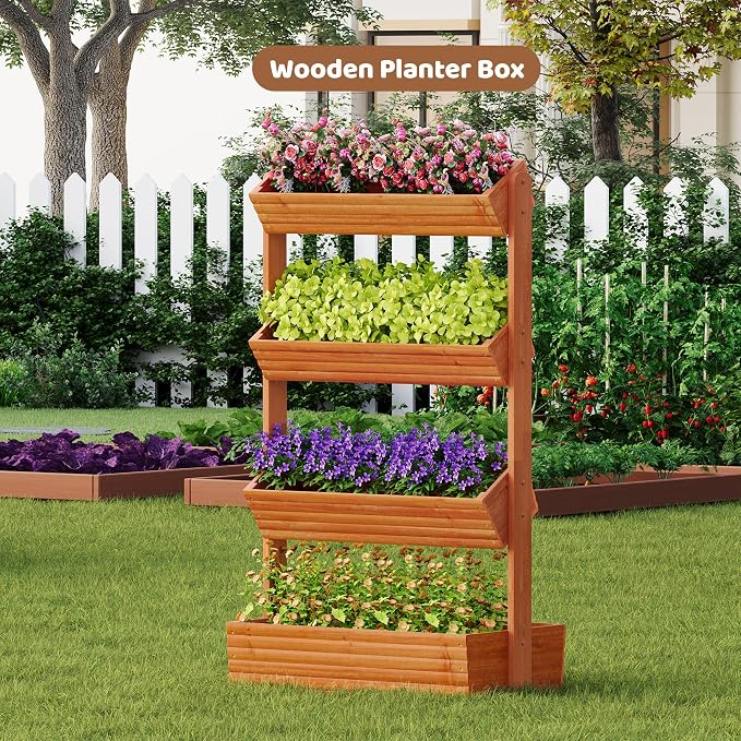 Wooden Raised Garden Bed Vertical Planter Box, Freestanding Plant Stand for Indoor Outdoor Plants, Herbs, Flowers, Vegetables, Gardening (Reddish Brown, 4-Tier，29.9 x 17.9 x 55in)
