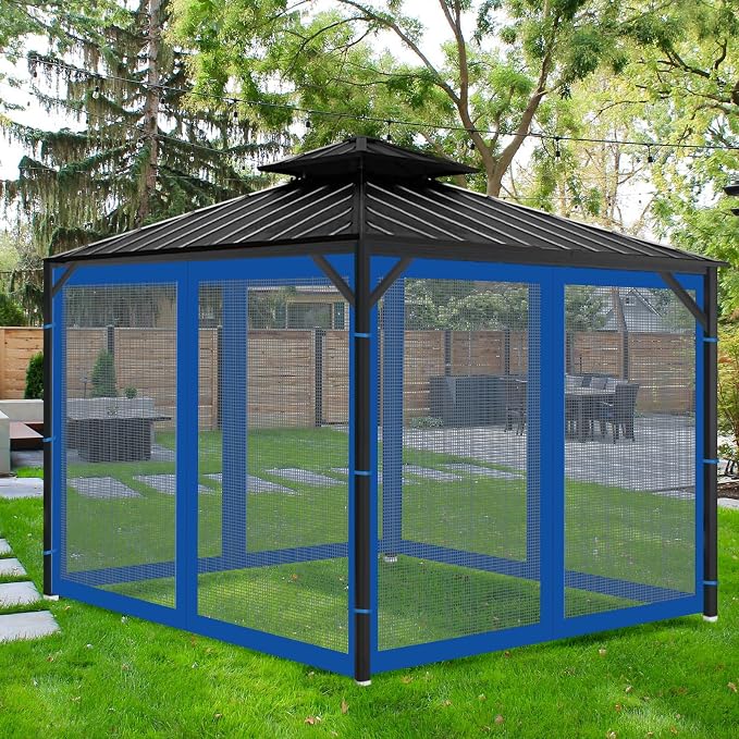 Gazebo Universal Replacement Mosquito Netting, Outdoor Mesh Netting Screen 4-Panel Sidewall with Zipper for Patio, Canopy, Garden and Backyard, Gray(Mosquito Net Only) (Blue, 10' x 12')