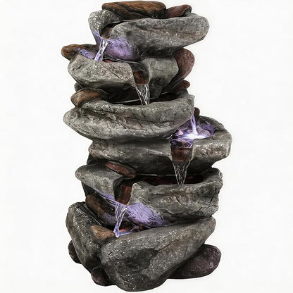 20" H Rock Outdoor Water Fountain with LED Lights | Unique 5-Tier Cascading Waterfall for Garden Patio Yard, Weather-Resistant Polyresin Water Feature for Tranquil Zen Oasis