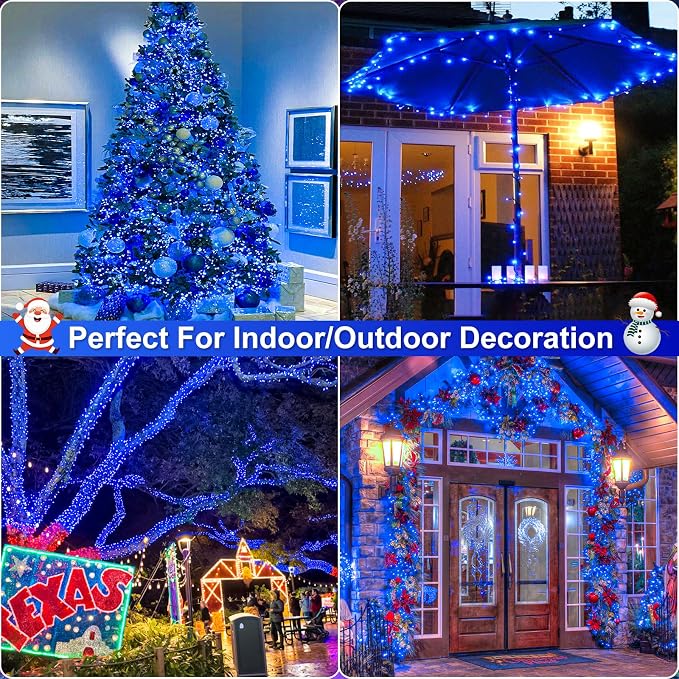 Blue Christmas Lights Outdoor, 66FT 200 LED Plug in Christmas Tree Lights Waterproof, 8 Modes Connectable String Lights for Outside House Patio Yard Garden Party Holiday Decorations