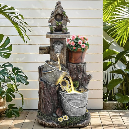 20" 3-Tier Resin Birdhouse Water Fountain with Warm LED Lights | Pastoral Cascading Bucket Water Feature with Soothing Outdoor Fountain for Patio Backyard Garden Porch