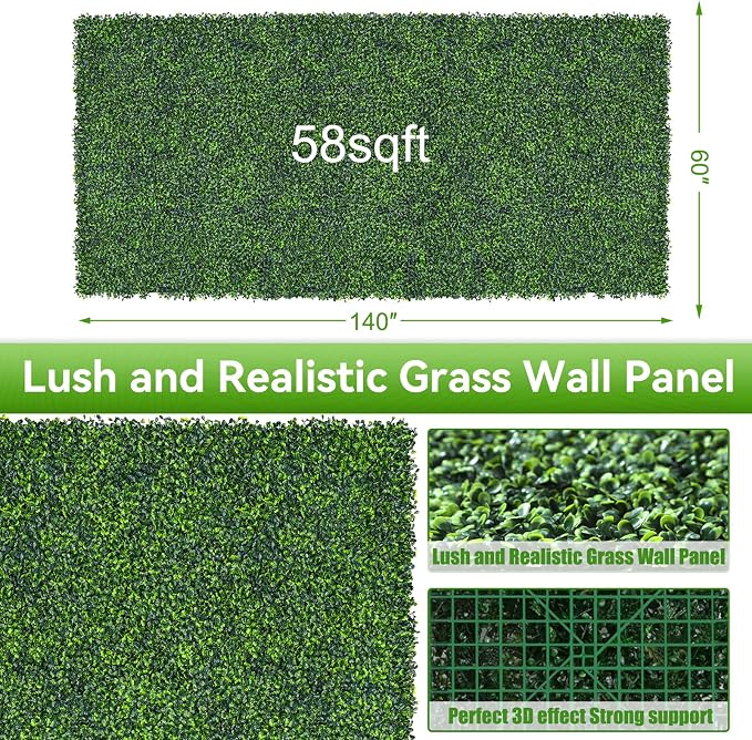 Artificial Boxwood Roll, 60x140 in (58 sqft) UV-Anti Faux Ivy Grass Wall Backdrop for Balcony Privacy, Fake Grennery Wall Decor for Garden, Patio, Backyard