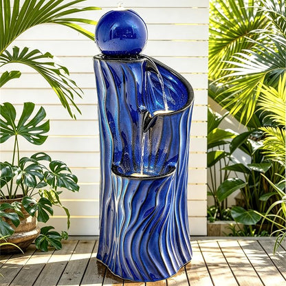 32" H Ceramic Outdoor Water Fountain with LED Lights, 3-Tier Cascading Sphere Water Feature, Tranquil Waterfall for Relaxing Garden, Patio, Yard, or Porch, Cobalt Blue, Dynamic Wave-Texture