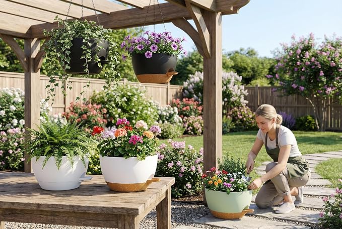 Hanging Planters, 3-Pack 10 Inch Self-Watering Pots with Drainage Holes and Chains, Matte Plastic Planters for Indoor/Outdoor Plant（Black）